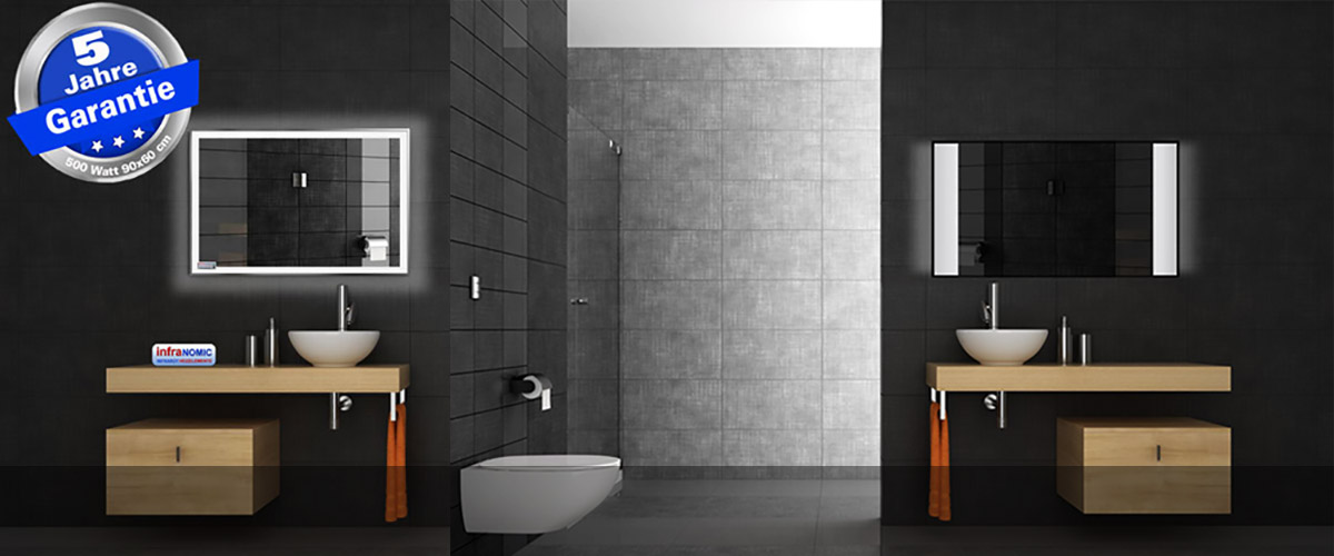 Infrarot Bad Spiegelheizungen mit LED-Beleuchtung 400-900 Watt ESG Glas mit und ohne Rahmen