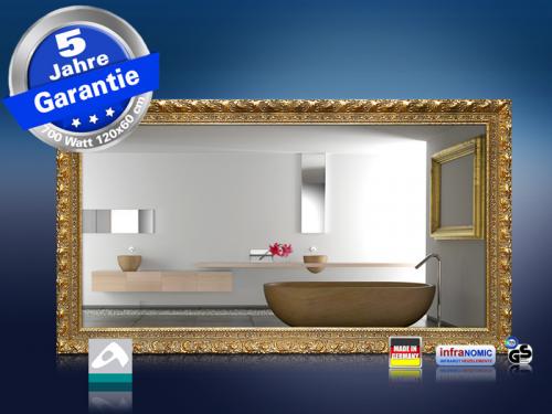 Preview: infrarot Spiegelheizung 700 Watt mit Massivholz Stilrahmen goldfarben frontal