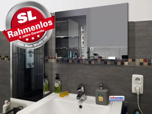 Preview: Infrarot Spiegelheizung Bad 500 Watt ESG Glas Rahmenlos 90x60 slim