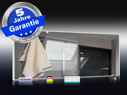 Preview: Infrarot Spiegelheizung Bad 250 Watt 90x35 Rahmen weiß M10W