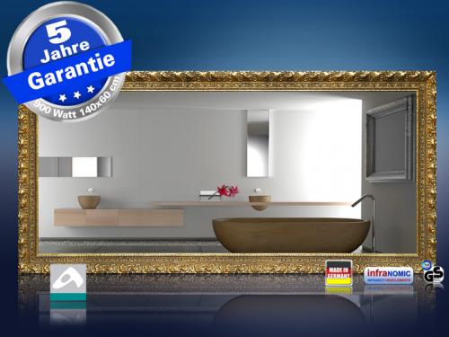 Preview: infrarot Spiegelheizung 900 Watt mit Massivholz Stilrahmen goldfarben frontal