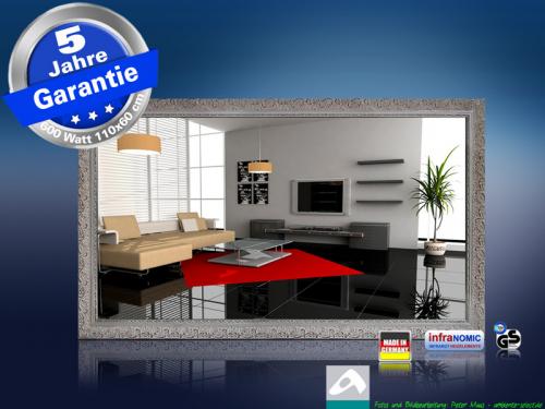 Preview: infrarot Spiegelheizung 600 Watt mit Massivholz Stilrahmen silberfarben frontal