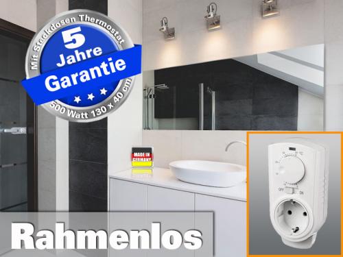 Preview: infrarot Spiegelheizung 500 Watt rahmenlos Langformat 130x40 cm mit Thermostat