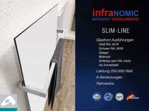 Preview: Infrarotheizung Rahmenlos slim-line mit Handtuchhalter in 5 Größen Front Glas weiß - Bild 2