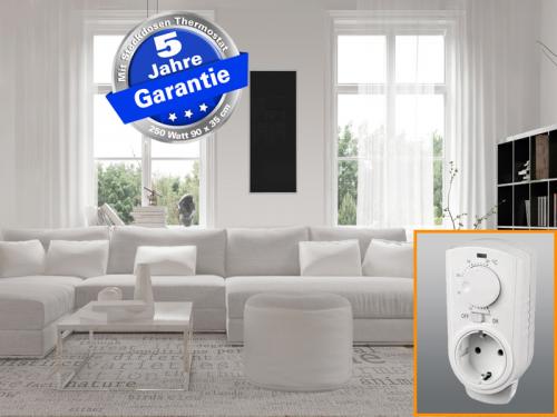 Infrarotheizung Glas schwarz 250 Watt 90x35 cm - Rahmen M10 - mit Thermostat