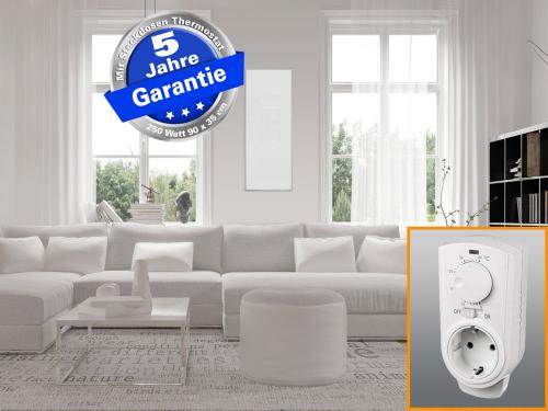 Infrarotheizung Glas weiß 250 Watt 90x35 cm - Rahmen M10 - mit Thermostat