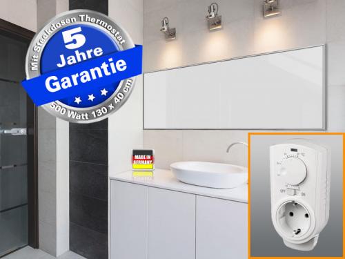 Infrarotheizung Glas weiß 500 Watt 130x40 cm - Rahmen M10 - mit Thermostat