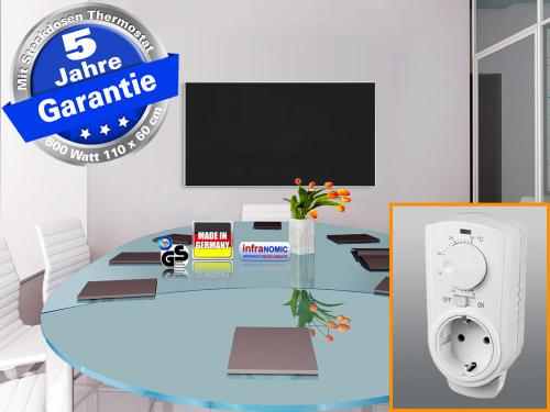 Infrarotheizung Glas schwarz 600 Watt 110x60 cm - Rahmen M10 - mit Thermostat