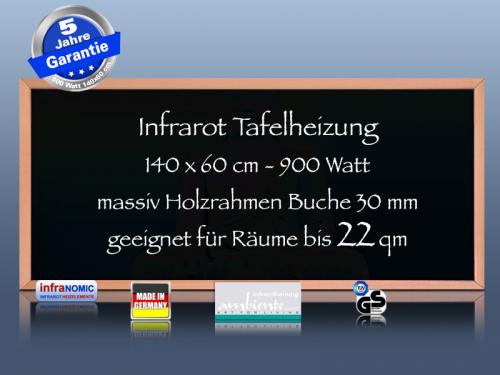 Infrarot Tafelheizung 900 Watt 140x60 mit Holzrahmen Buche HB30