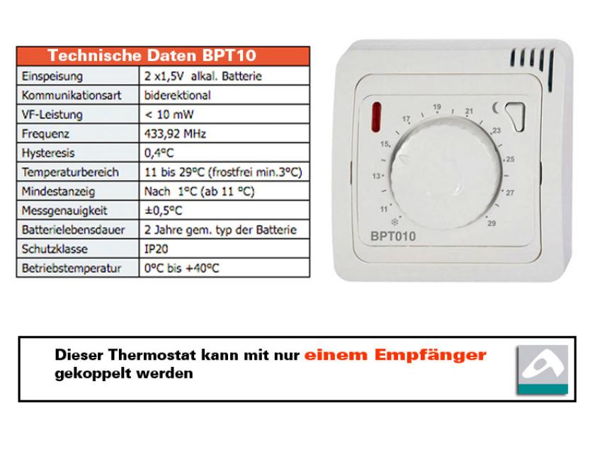 Technische Daten Funk Raumthermostat analog Set BT010 mit Steckdosen Empfänger BT003 Z-FTHA-ST