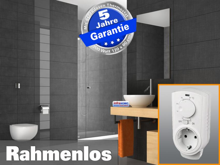 infrarot Spiegelheizung 600 Watt rahmenlos mit Thermostat