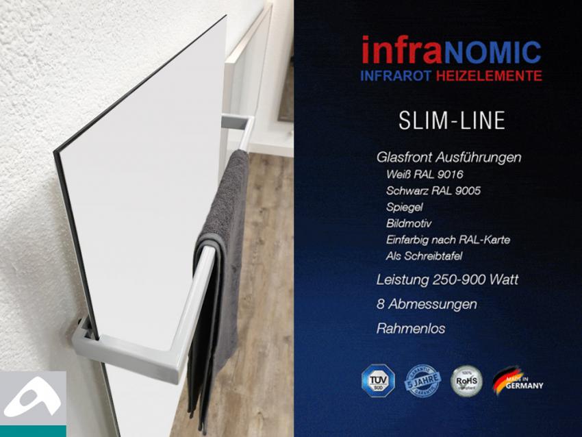 Infrarotheizung Rahmenlos slim-line mit Handtuchhalter in 5 Größen Front Glas weiß - Bild 2