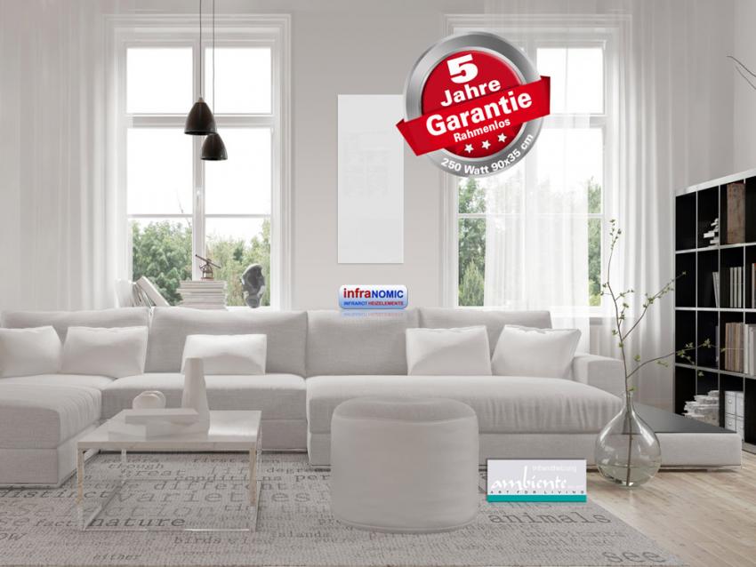 Infrarotheizung Rahmenlos Glas weiß / Spiegelheizung 250 Watt 90x35
