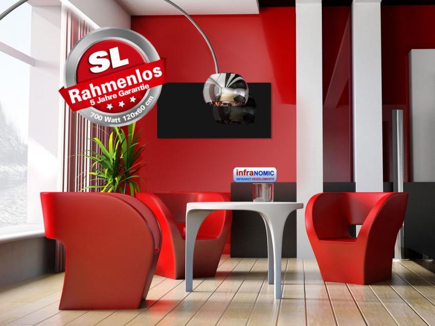 Infrarotheizung Rahmenlos 600 Watt 120x60 cm Glas schwarz / Bad Spiegelheizung