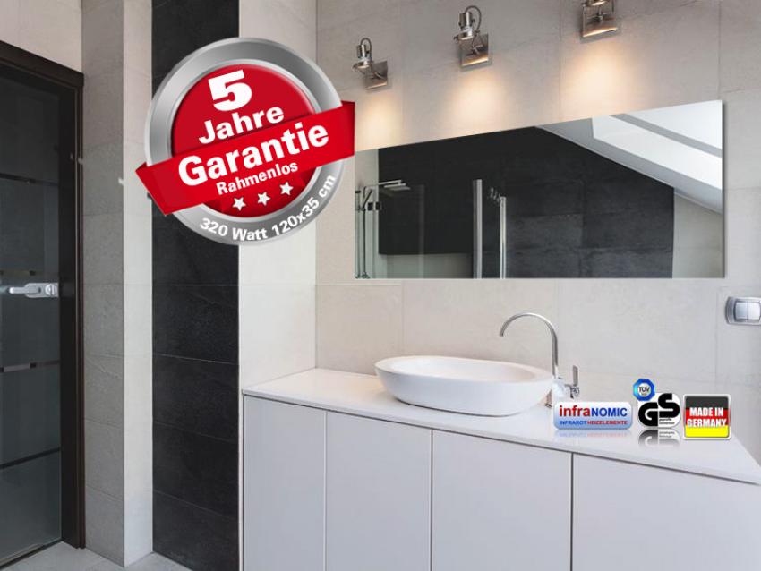 Infrarot Spiegelheizung Bad 320 Watt ESG Glas Rahmenlos 120x35 slim