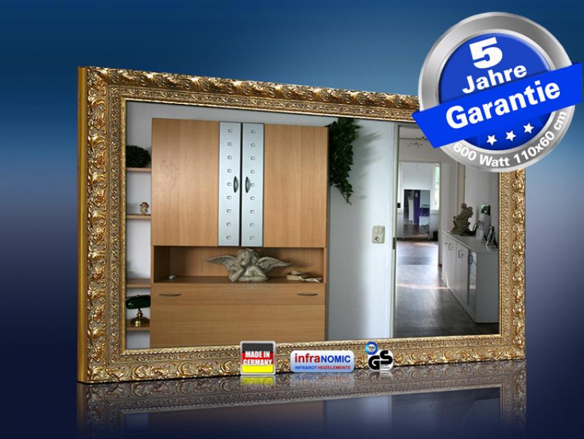 infrarot Spiegelheizung 600 Watt mit Massivholz Stilrahmen goldfarben