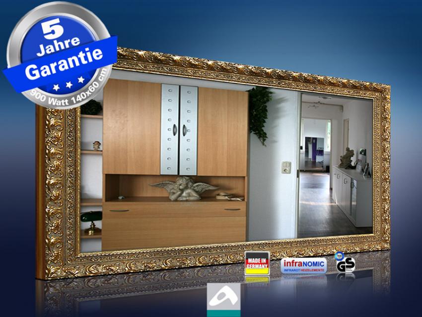 infrarot Spiegelheizung 900 Watt mit Massivholz Stilrahmen goldfarben 3d