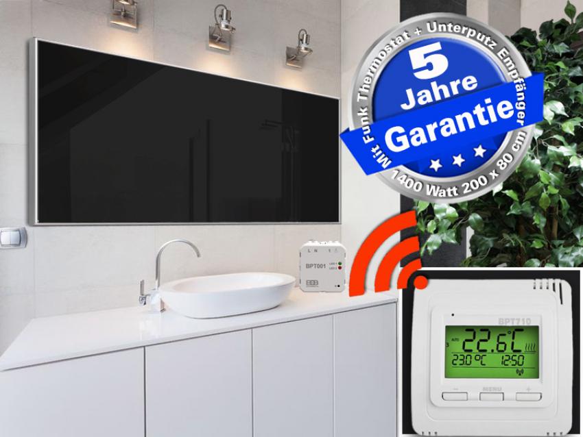 Infrarotheizung 1400 Watt 200x80 schwarz emailliert mit Funk-Thermostat - infranomic