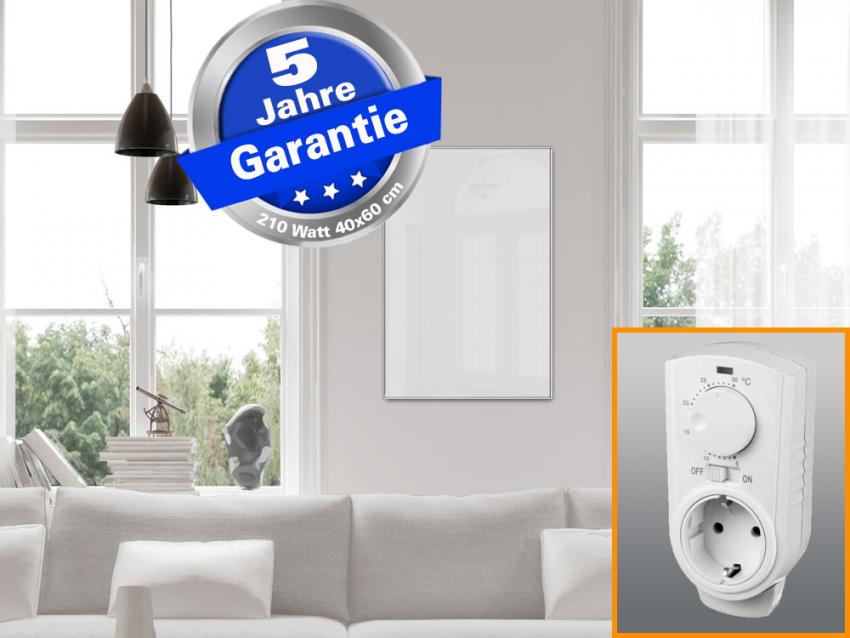 Infrarotheizung Glas weiß 210 Watt 60x40 cm - Rahmen M10 - mit Thermostat
