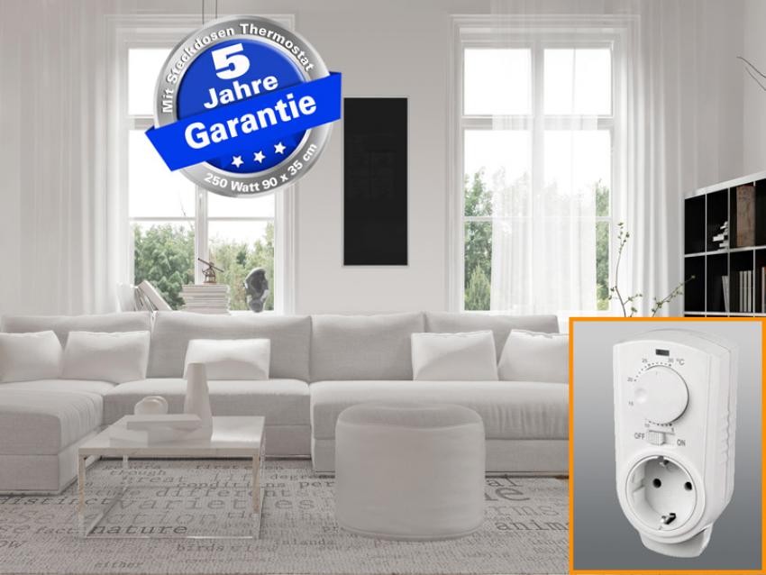 Infrarotheizung Glas schwarz 250 Watt 90x35 cm - Rahmen M10 - mit Thermostat