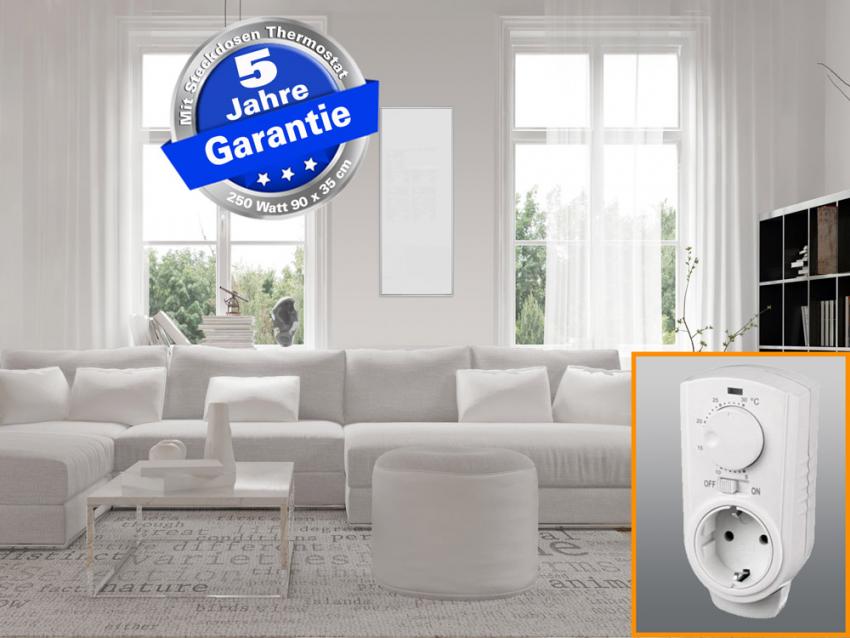 Infrarotheizung Glas weiß 250 Watt 90x35 cm - Rahmen M10 - mit Thermostat
