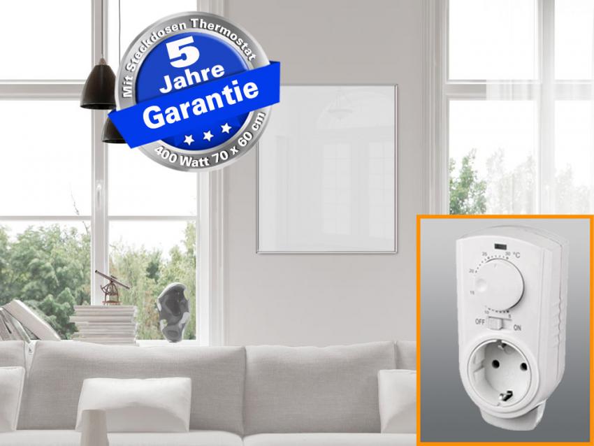 Infrarotheizung Glas weiß 400 Watt 70x60 cm - Rahmen M10 - mit Thermostat