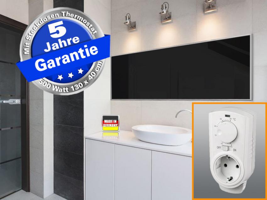 Infrarotheizung Glas schwarz 500 Watt 130x40 cm - Rahmen M10 - mit Thermostat